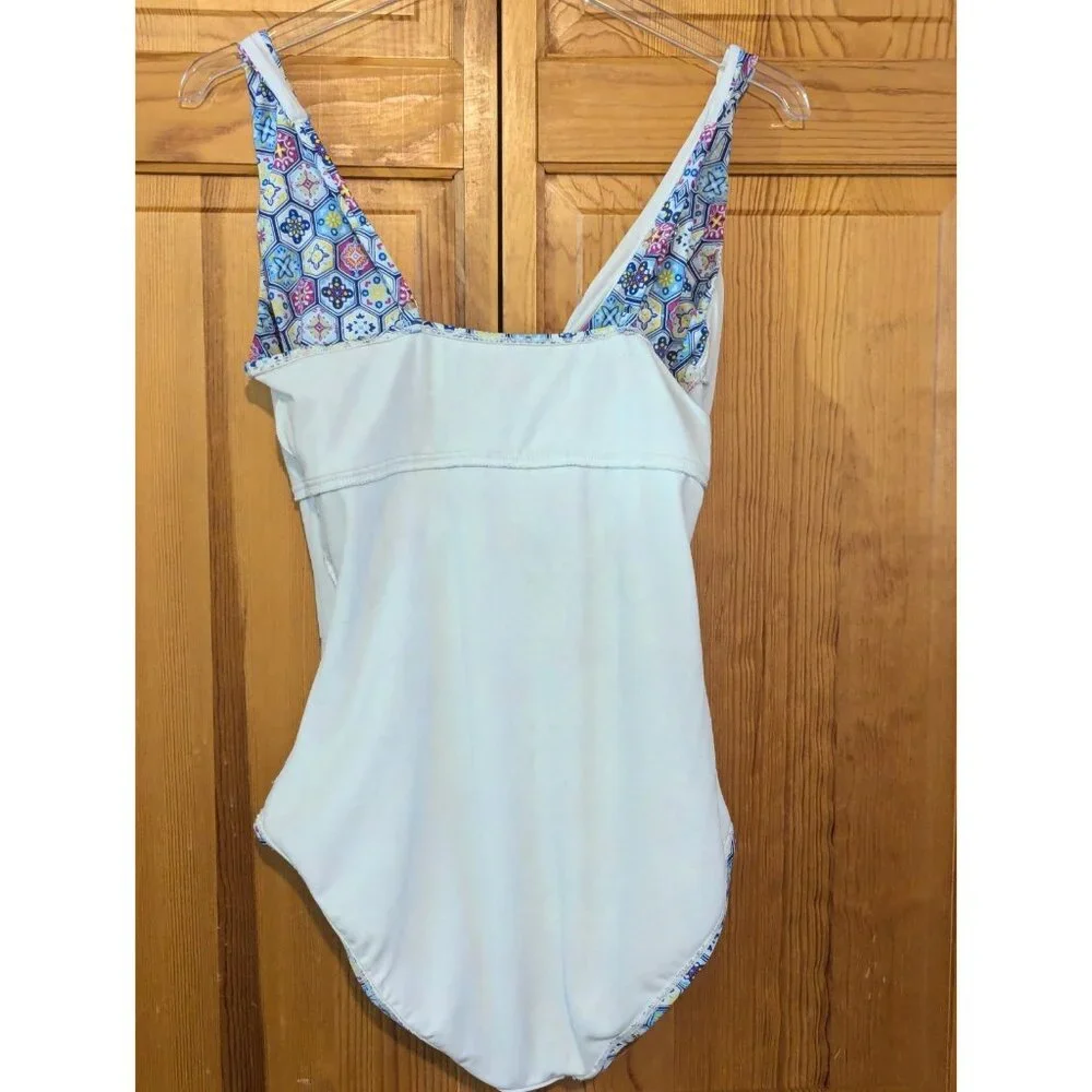 Bal Barbour Womens Swimsuit 14‎ One Piece V Neck, Blue & White Geometric - Picture 14 of 16